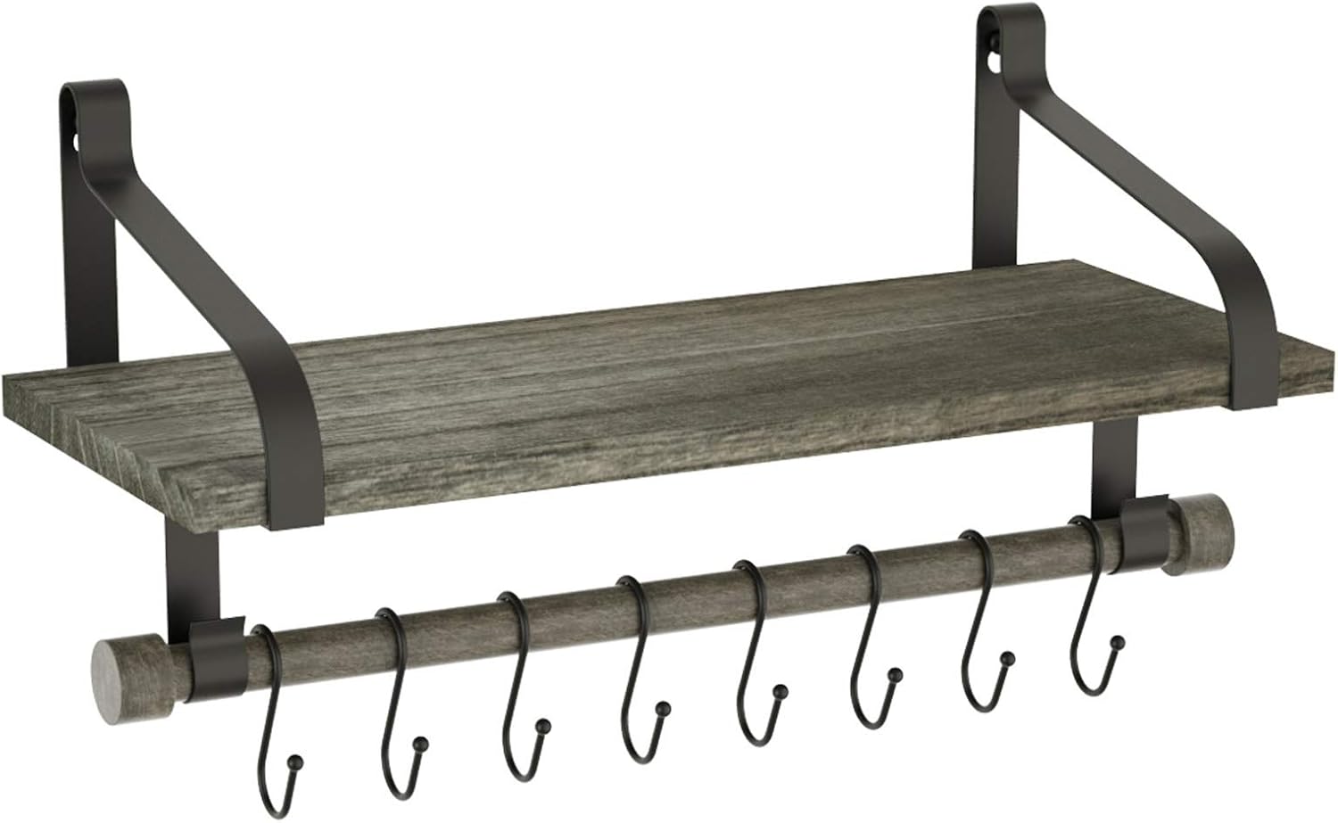 Love-KANKEI Floating Shelf Wall Shelf for Storage Rustic Wood Kitchen Spice Rack with Towel Bar and 8 Removable Hooks for Organize Cooking Utensils or Mugs Carbonized Black: Kitchen & Dining