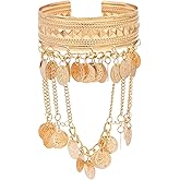NSLS 3 Styles Golden Coins Leaf Tassel Cuff Arm Bangle,Adjustable Open Bracelets for Women,Vintage Ethnic Boho India Jewelry Accessories Party Festival Gift