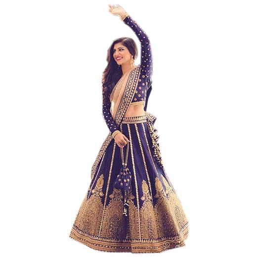 Womens Banglory Satin Lehenga Choli (YF-6, Navy Blue, Free Size)