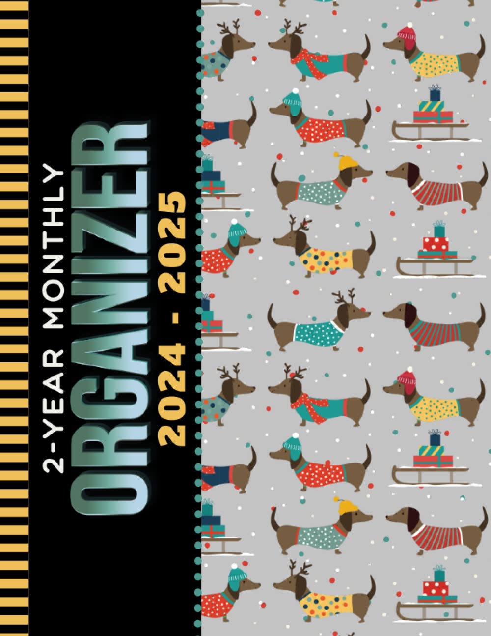 2-Year Monthly Organizer 2024-2025: Dated 8.5x11 / 24-Month Life Log / With 100-Page Lined Ruled Pages / Personal Organizing Gift / Colorful Dachshund Dogs in Winter Christmas Costumes Art Pattern