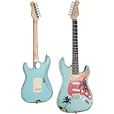 BAHAMUT 39" Red &amp; Blue Electric Guitar, Guitarra El&eacute;ctrica, Relic Finish | Coastline Vintage Finish, SSS Single-Coils &amp; Locking Tremolo; Maple Neck, 22-Fret Purpleheart Board; For All Levels