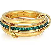 E.B.belle Gold Stackable Rings for Women,18K Gold Plated with Green Cubic Zirconia,Vintage Gold Stacked Multi Ring Interlocking Mixed Stacked Rings for Women Non Tarnish