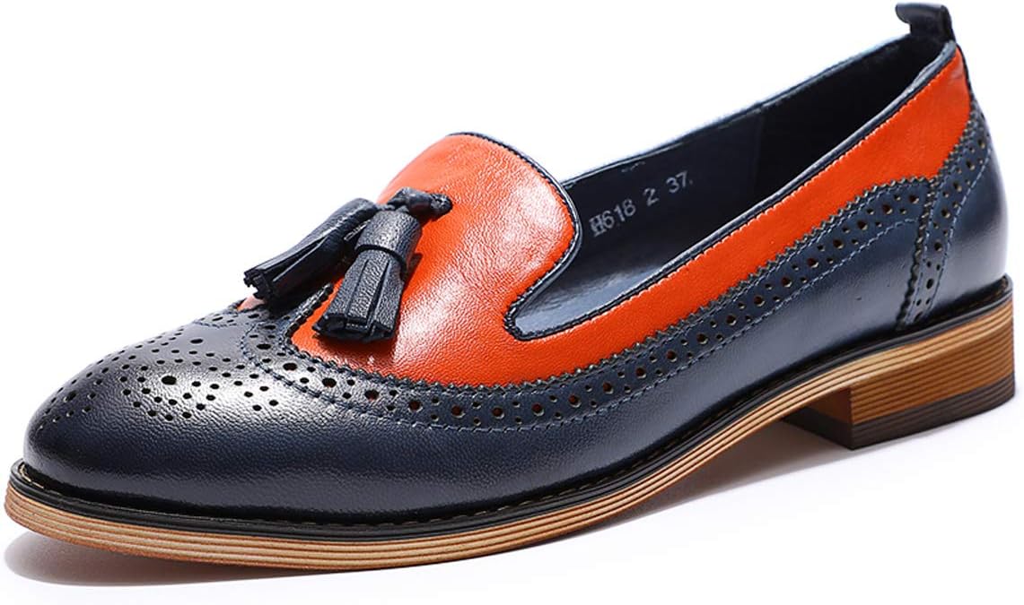 Mona flyingWomen's Leather Tassel Loafer Slip on Wingtip Brogue Dress Casual Flat Office Work Shoes for Ladies