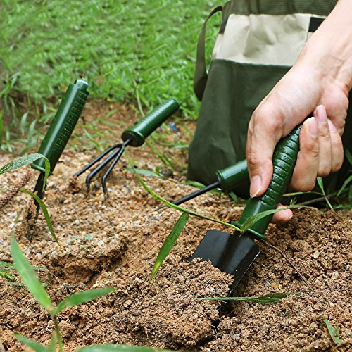 BlueStraw 5 Pieces Garden Tool Set Gardening Gifts Tools Including Rake, Weeder, Transplanter,Trowel, Garden Tote Heavy Duty Heads with Ergonomic Handles for Easy Fun Gardening