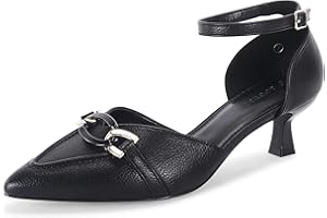 Coutgo Womens Kitten Low Heel Pumps Closed Pointed Toe Buckle Ankle Strap Office Work Dress Shoes
