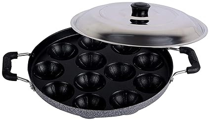 LUMONY Non-Stick 12 Cavity Appam Patra Side Handle with lid