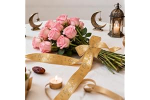 1 Roll 5 Yards Eid Mubarak Ribbon, Tawny Grosgrain Ribbon with Metallic Glitter Moon Star Lantern Pattern, Ramadan Decoration