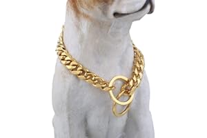 Loveshine Chain Dog Collar 18K Gold Cuban Link Dog Chain Chain Collar Metal Stainless Steel Heavy Duty Slip Dog Collars for Small, Medium, and Large Dogs(15MM, 18")