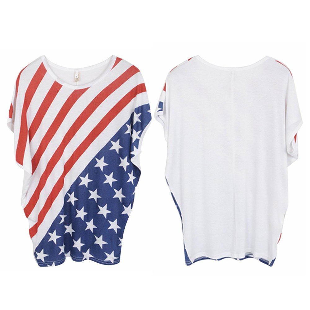 CM-Light Womens Ladies American Flag Print Tee Shirt USA Batwing Tops T-Shirt