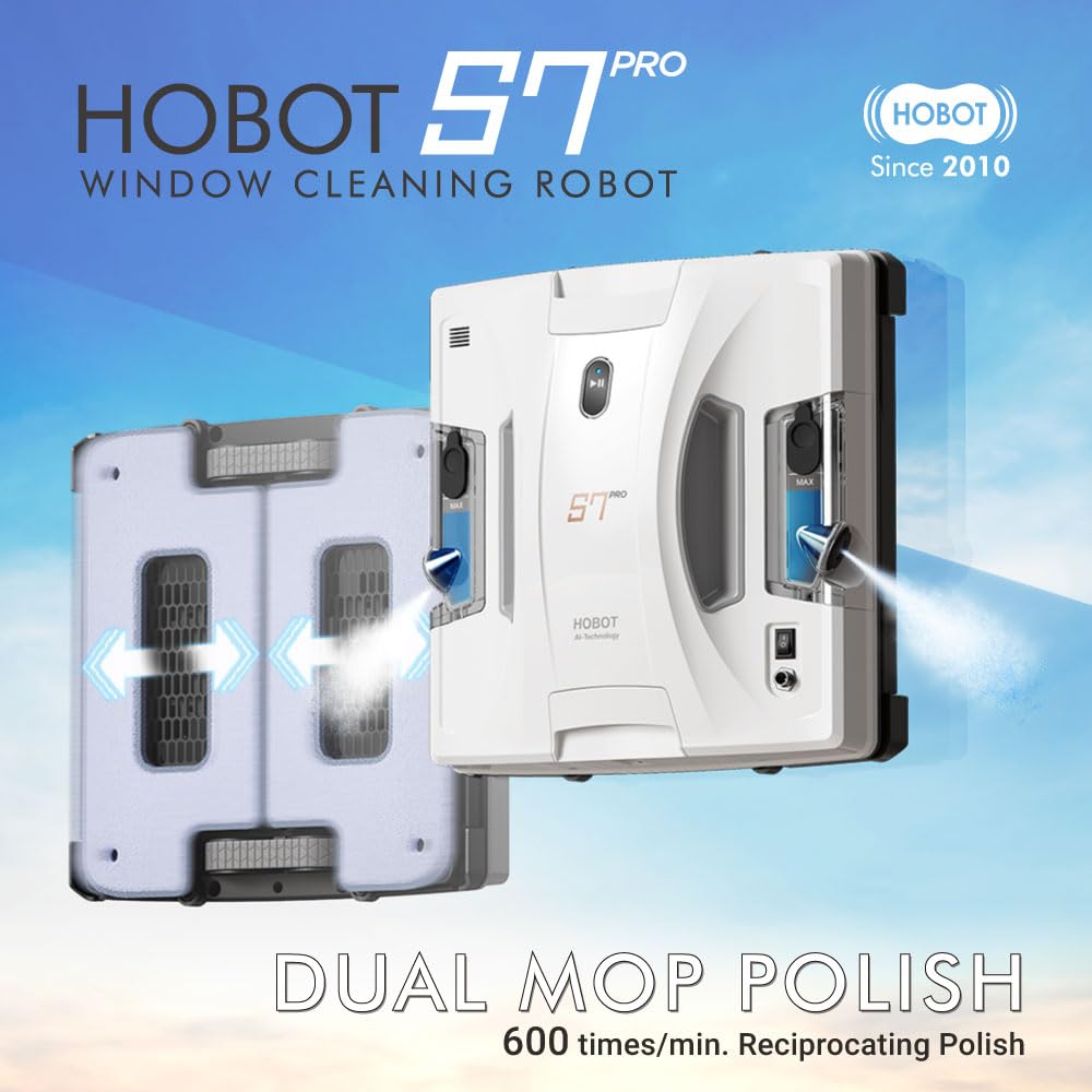 HOBOT S7 Pro Robot de limpieza de ventanas Tec de limpieza manual con fregona dual, pulverizador ultrasónico doble de 15 nm, succión de 4800 Pa, aplicación y control remoto | para vidrio con/sin marco, cualquier espesor, uso en interiores y exteriores