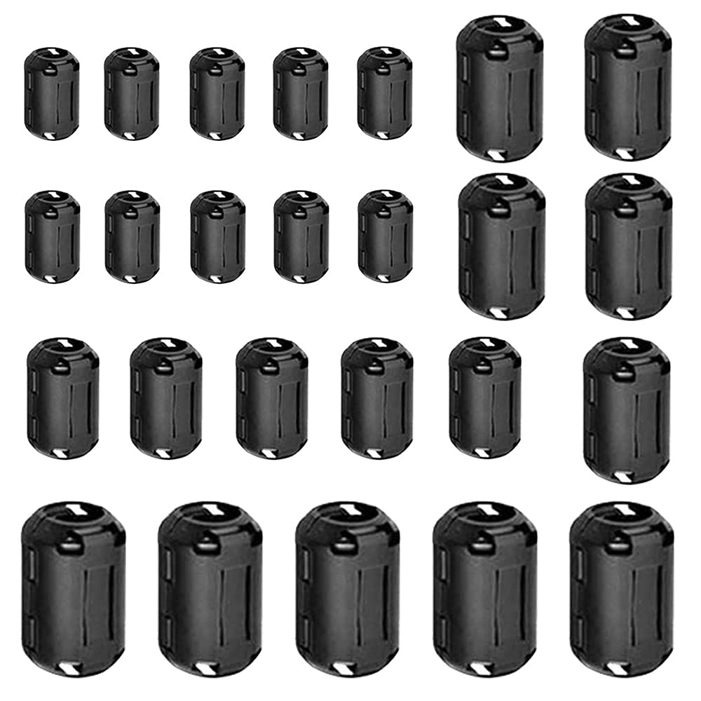 QitinDasen 25Pcs Black Clip-on Ferrite Ring Core Set, RFI EMI Noise Suppressor Cable Clip, Anti-Interference High-Frequency Filter (3.5mm 5mm 7mm 9mm 13mm Inner Diameter)