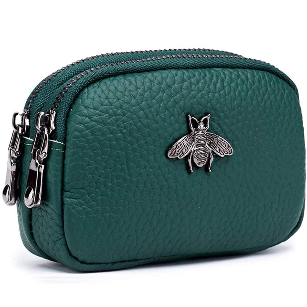 Alouweekuky Genuine Leather Coin Purse Women Large Capacity,Small Portable Purses for Women with Zip,Ladies Purse for Change Coins Credit Cards Keys Earphones Lipstick Storage(Green)