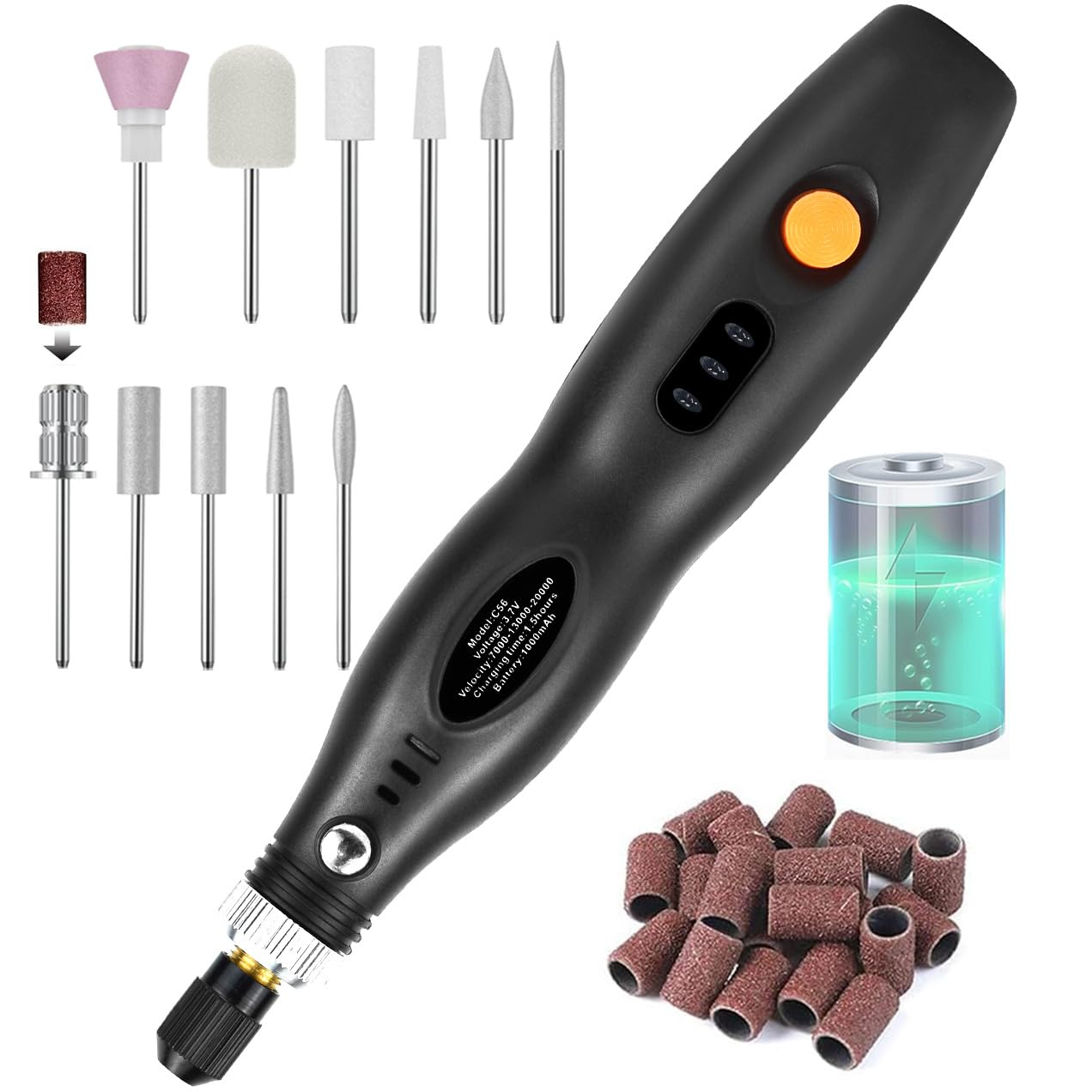 URHELP Electric Nail Files Rechargeable Nail Drill for Acrylic Nails Gel Remover 25000RPM Cordless Portable Efiles Manicure Pedicure (Black)