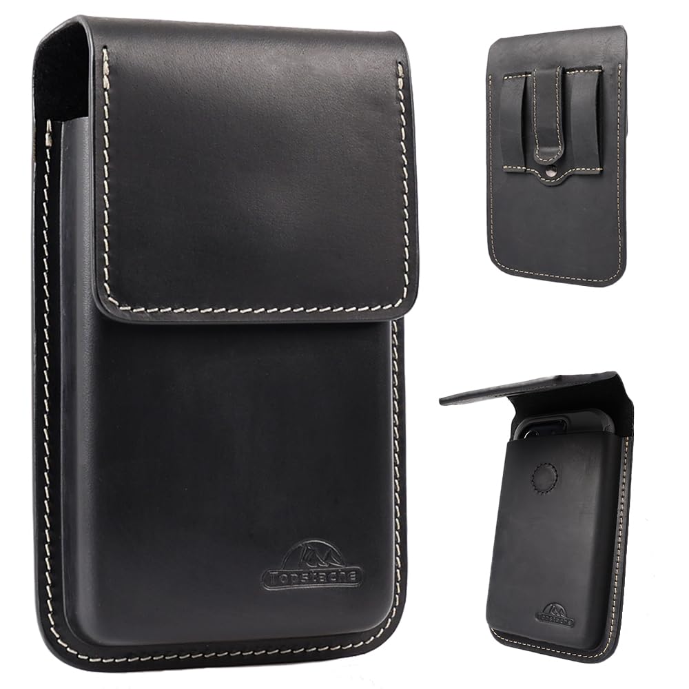 Topstache Leather Cell Phone Holster with Belt Clip - Flip Cell Phone Holder for iPhone 17/16/15/14/13/12 - Magnetic Closure Leather Belt Pouch Case for Galaxy S25/S24/S23/S22, L,Black