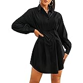 GORGLITTER Women's Button Up Long Sleeve Mini T Shirt Dress Lapel Collar Pleated Flared Short Dresses