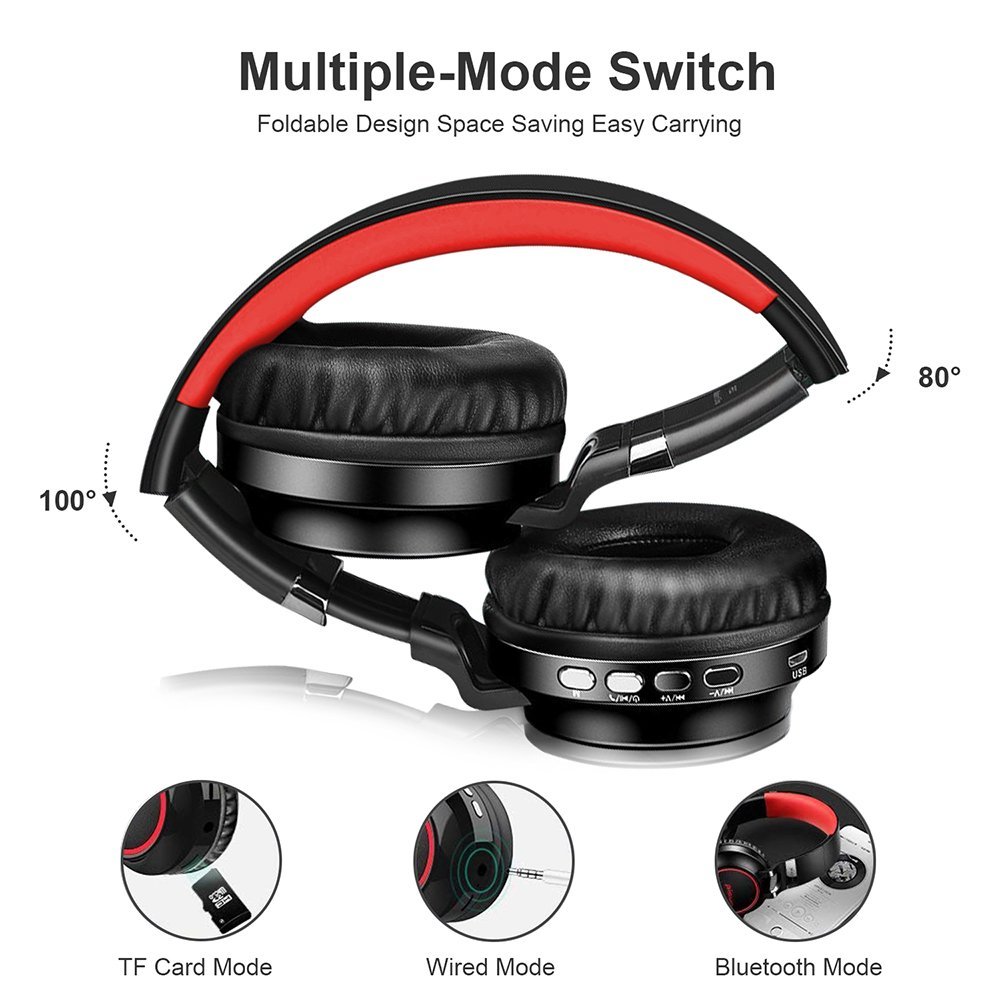 Bluetooth Headphones, Wireless Over Ear Headphones, Foldable Hi-Fi Stereo Headset with Noise Cancelling Microphone, Supports TF Card Hands-Free Calling and Wired Mode (Black&Red)