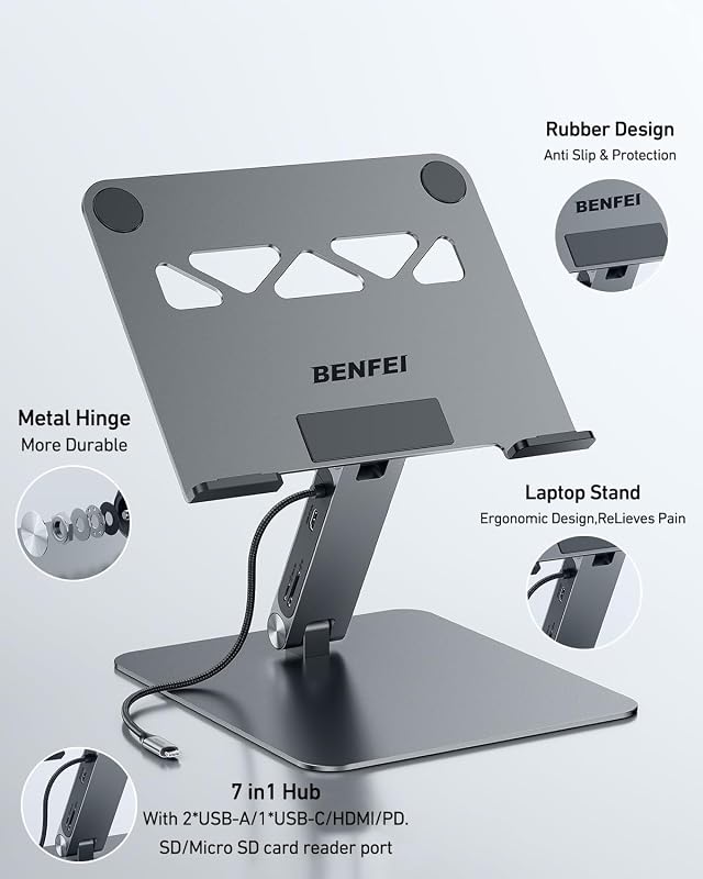 Laptop Ständer mit 7-in-1 USB C Dockingstation – HDMI (4K@60Hz), 1×SD& 1×Micro SD Kartenleser, 100W Power Delivery, 10Gbps (1×USB-C & 2×USB-A 3.2) – Für MacBook Pro/Air iPad Pro XPS & ThinkPad