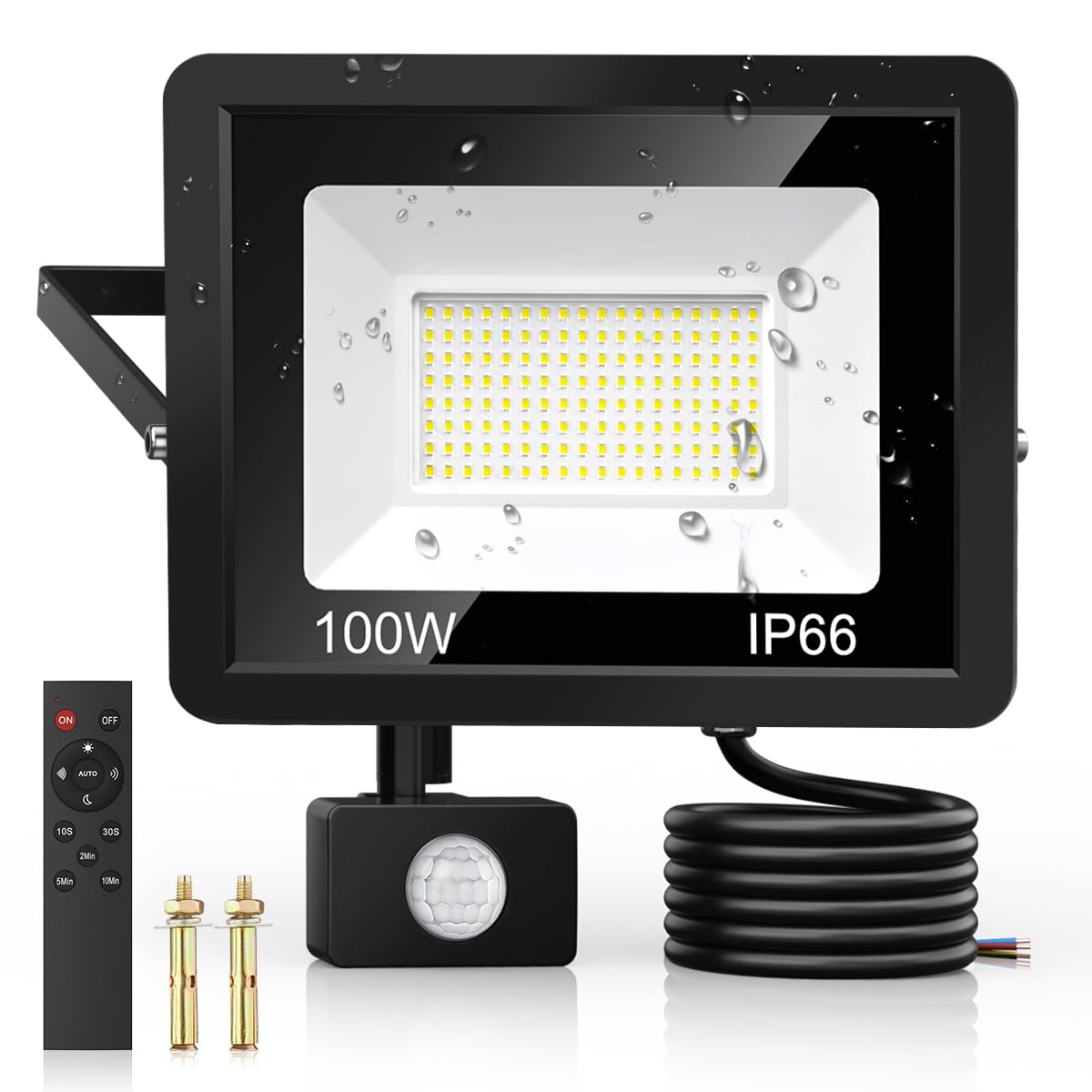 100W Security Lights Outdoor Motion Sensor, PIR Flood Light with Remote Control, IP66 Waterproof, 144 LEDs, Cool White, 6500K, 9000LM, Outdoor Light Mains Powered for Garden Corridor Entrance Backyard