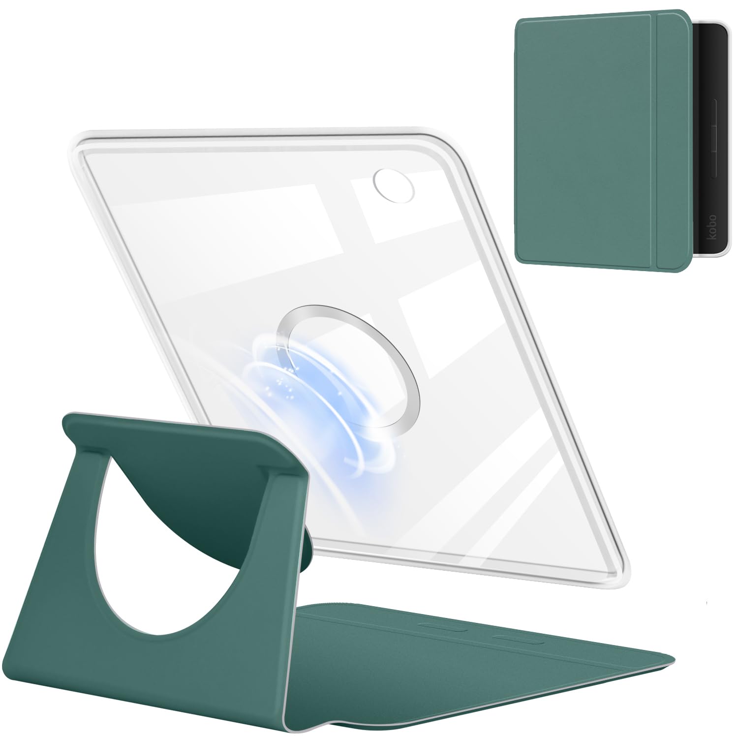 Photo 1 of 360 Degree Rotating Case for 7" Kobo Libra Colour 2024 Released, Detachable Magnetic Design Protective Adjustable Stand Cover Clear Back with Auto Sleep/Wake (Dark Green)