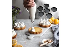 6PCS Round Tart Pan Set Non-Stick Removable Bottom Wavy Edge 10cm 4in Lace Cake Molds for Tarts Pies Mini Cakes, Black