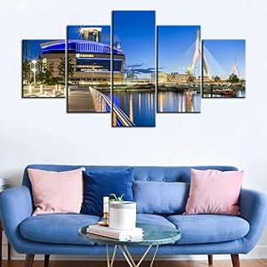 Blue Skyline Home Decor Living Room TD Banknorth Garden Canvas Wall Art Hockey Sports Boston Bruins Stadium Painting American Cityscraper HD Picture Multi Panel Framed Ready to Hang(60Wx32H inches)