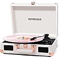 Vinyl Record Player with Built-in Speakers 3-Speed Vintage Record Player Bluetooth Portable Suitcase Turntable Belt-Driven LP Player Support RCA Output and Headphone Output White Rose Gold