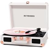 Vinyl Record Player with Built-in Speakers 3-Speed Vintage Record Player Bluetooth Portable Suitcase Turntable Belt-Driven LP Player Support RCA Output and Headphone Output (White Rose Gold)