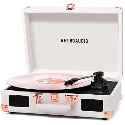 Vinyl Record Player with Built-in Speakers 3-Speed Vintage Record Player Bluetooth Portable Suitcase Turntable Belt-Driven LP Player Support RCA Output and Headphone Output (White Rose Gold)