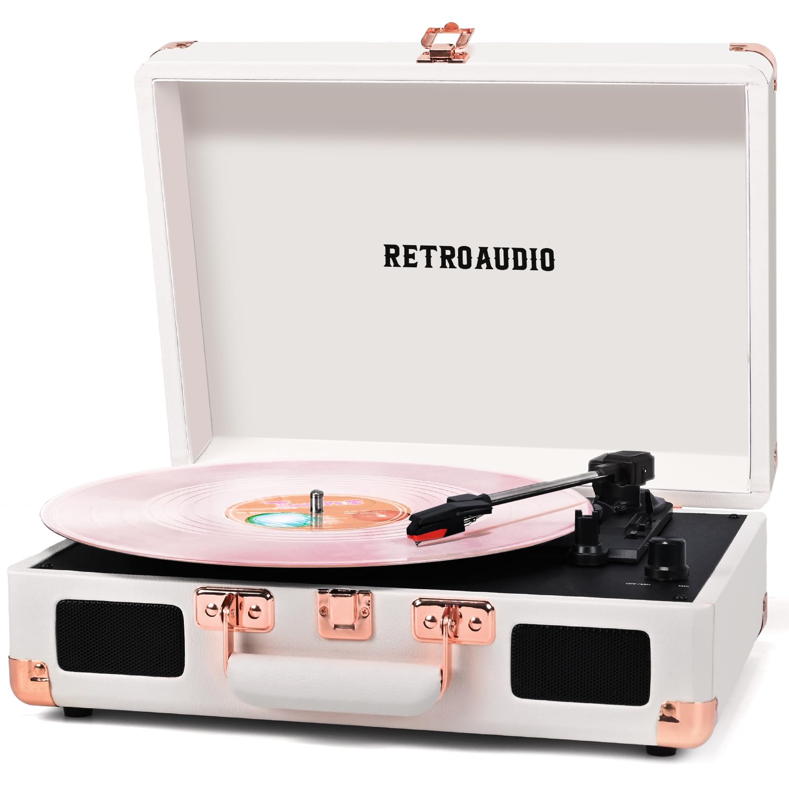 Photo 1 of Vinyl Record Player with Built-in Speakers 3-Speed Vintage Record Player Bluetooth Portable Suitcase Turntable Belt-Driven LP Player Support RCA Output and Headphone Output (White Rose Gold)