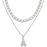 HH BLING EMPIRE Silver Iced Out Cubic Zirconia Diamond Initial Letter Pendant Chain Necklaces, A Pendant Rope and Baguette Tennis Chains | 2 Pcs Necklace Sets