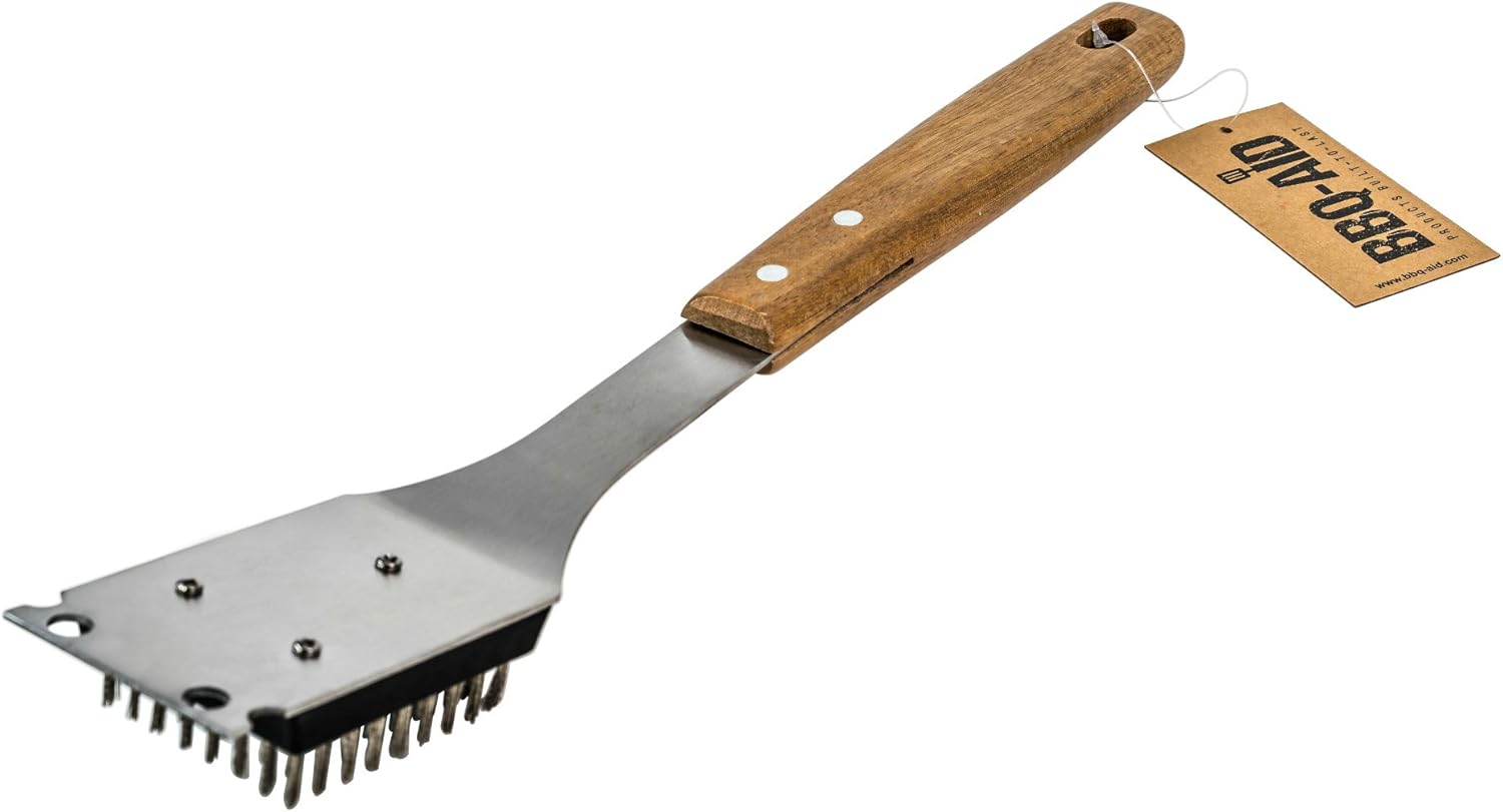 BBQ-Aid Barbecue Grill Brush and Scraper – Extended, Large Wooden Handle and Stainless Steel Bristles – Safe, No Scratch Cleaning - Best for Any Grill: Char Broil & Ceramic – Easy Replaceable Head : Garden & Outdoor