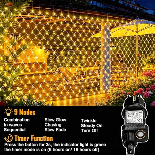 Joycome Outdoor Christmas Light Net 3 x 2 m 200 LED Net Lights with Plug, Timer, 8 Modes Christmas Tree Lights Waterproof Light Curtain for Balcony Garden Ceiling Terrace – Warm White