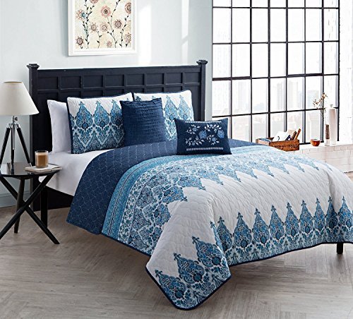 VCNY Home Andrea Polyester 5 Piece Quilt Set, Super Soft Quilt Set, Wrinkle Resistant, Hypoallergenic Bed Set, Full/Queen, Indigo.