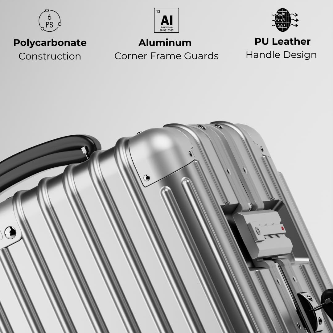 KARGO 29 Inch Check-In Luggage - Polycarbonate Hard Shell Suitcase with Aluminum Corners, Smooth-Rolling Wheels, Leather Handle, Aluminum Frame Luggage, Zipperless TSA Lock (Silver, 29 Inch Check-In)