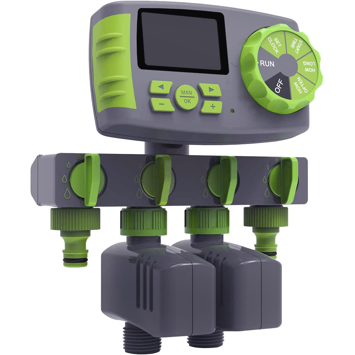 Garden Watering Computer Automatic 4-Zone Water Hose Timer with 2 Solenoid Valve Irrigation System Controller, Green&Grey