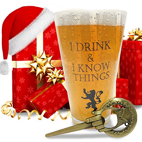 I Drink and I Know Things Beer Glass + FREE Hand Of The King Bottle Opener Made In Casterly Rock – Game Of Thrones Inspired – With White Gift box included by Desired Cart
