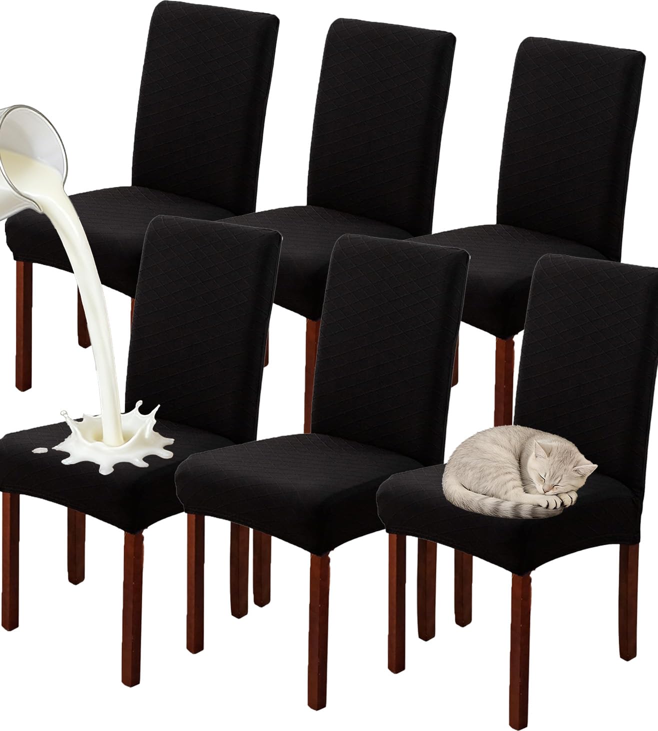 JUNZHE Set of 2/4/6 Dining Chair Covers, Modern Elastic Stretch Chair Protective Covers, Removable Washable Kitchen Chair Seat Cover (Black,6 Pieces)