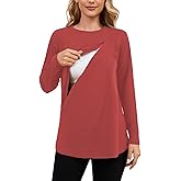 Ecavus Women's Nursing Shirts for Breastfeeding with Hidden Zipper Long Sleeve Front Seams Comfortable Nursing Tops