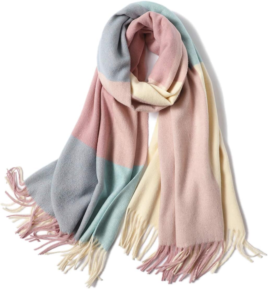 Womens Contrast Color Large Soft Cashmere Pashmina Shawls Wraps Scarf Winter Warm Tassel Shawl Scarves