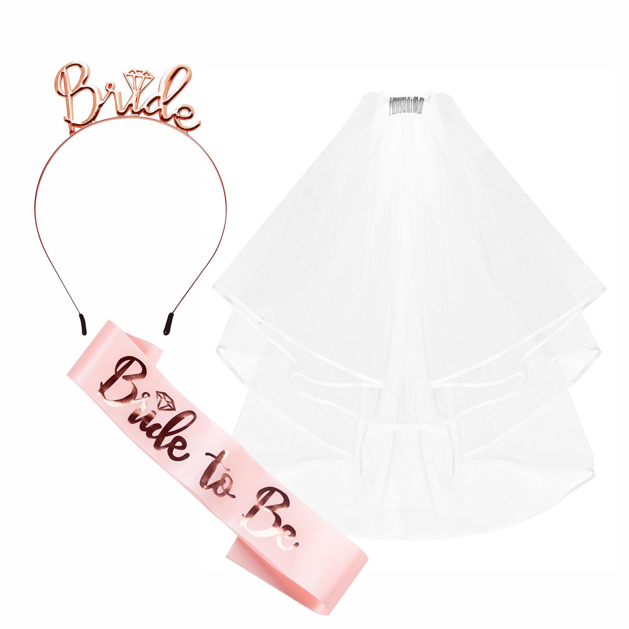 ZSYIULIA Bride to Be Sash and Tiara Veil Set, Hen Party Accessories, Bride Headband, White Bridal Veil, Pink Sash, Female, 18+