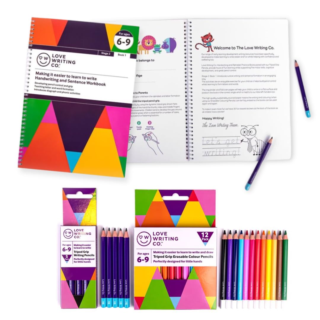 Love Writing Co. Better Writing Practice | Age 6, 7, 8, 9yrs -Handwriting Pencils | Cursive Practice Book | Erasable Colour Pencils | Boost Handwriting Skills, Pencil Control, Children Pencil Grips