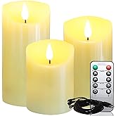 Lezonic Rechargeable Flickering Flameless Candles Battery Operated with Remote and Timer, Pack of 3(D 3'' X H 4''5''6'') Long Lasting Ivory White Real Wax LED USB Pillar Candles