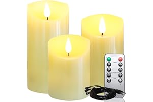 Lezonic Rechargeable Flickering Flameless Candles Battery Operated with Remote and Timer, Pack of 3(D 3'' X H 4''5''6'') Long