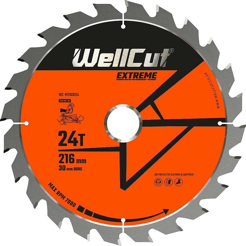 WellCut TCT Extreme Wood Plunge Saw Blades 216mm 30mm Bore 24T, 48T, 60T (24 Teeth)