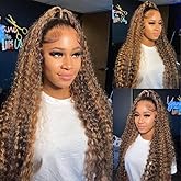 Pizazz 28 Inch Ombre Highlight 13x4 HD Lace Front Wigs Human Hair Pre Plucked 180 Density Deep Wave Lace Frontal Wigs for Black Women 12A Glueless Wigs with Baby Hair