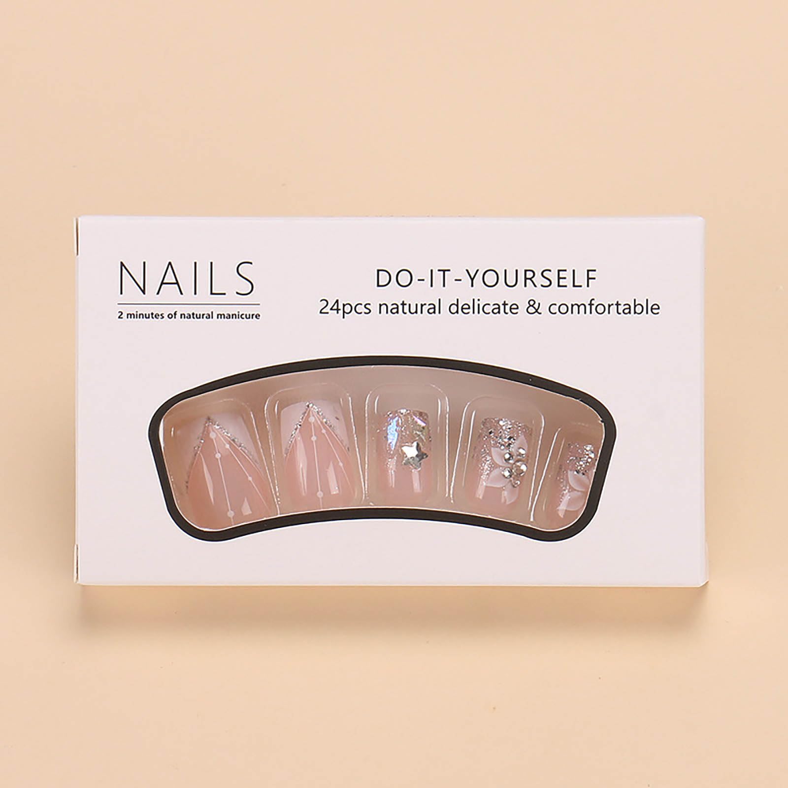 RUOKEXIN Square Press-on Nails - White French Tip Fake Nails with Glitter Designs, Medium Length, 24pcs - Image 2