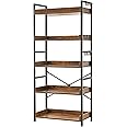 HCHQHS Adjustable 5 Tier Open Bookcase, Rustic Farmhouse Book Shelves, Industrial Wood and Black Metal Bookshelves, Mid Century Bookcase for Home Office Living Room Bedroom