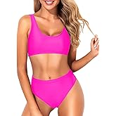 Tempt Me Women Two Piece Scoop Neck Bikini Crop Top Swimsuit Sporty High Waisted Bathing Suit
