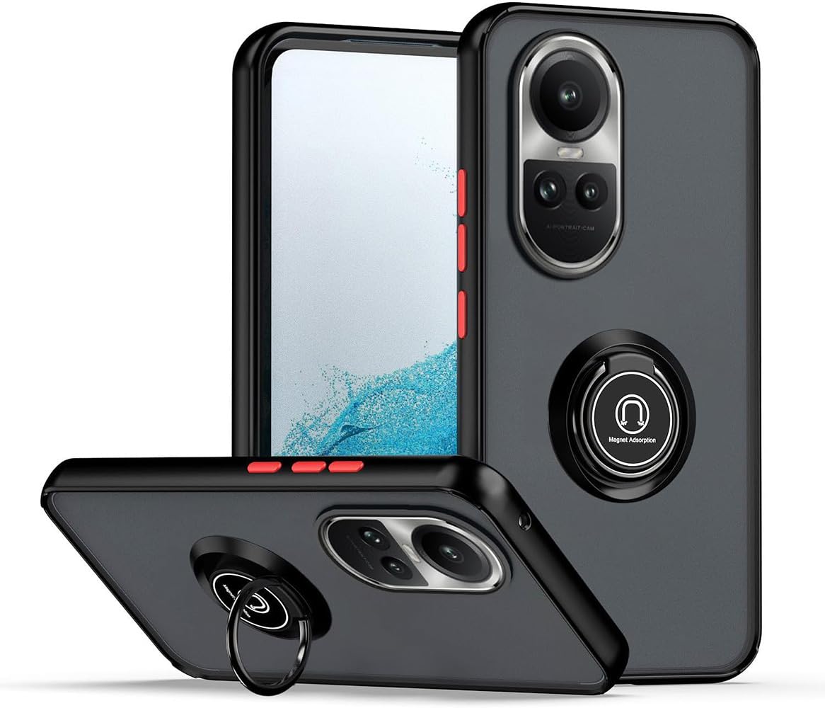 SEAHAI Case for OPPO Reno 10 5G / OPPO Reno 10 Pro 5G, Ultra Thin Hard Translucent PC Matte Back Soft TPU Silicone Dual Layer Hybrid Shockproof Cover, with Ring Holder Kickstand, Black Red