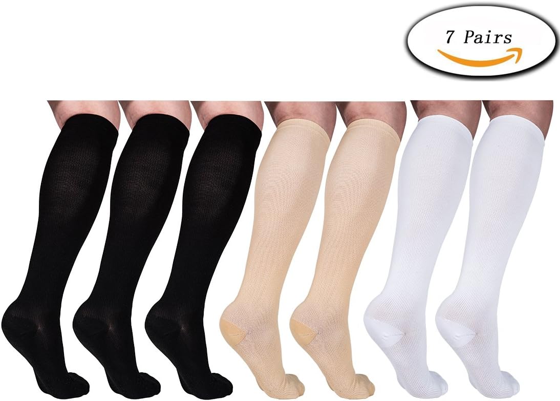 TaoLeLe Compression Socks, [7 Pairs] Nylon High Graduated Compression Socks for Women & Men-Comfortable,Breathable,Relieve Soreness for Travel and Running